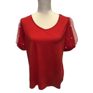 SHEIN Red Top Puff Sleeve Pearl V-Neck Valentines Day Tee Large